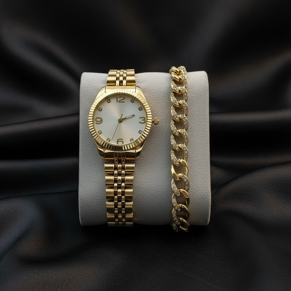 Gold Women's Bracelet Watch and Cuban Link Bracelet Set